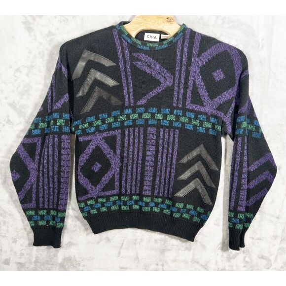 Vintage Chia Acrylic And Leather Geometric Knit‎ Sweater Mens Medium - Picture 1 of 9